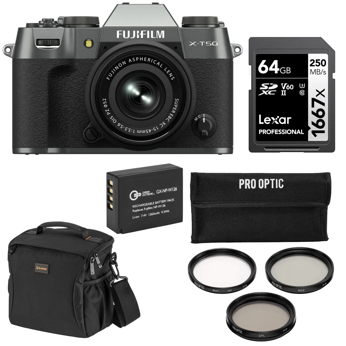 Fujifilm X-T50 Digital Compact Mirrorless Camera with XC 15-45mm f/3.5-5.6 OIS PZ Lens (Black) - Bundle with Extra Battery, 64GB Memory Card, Shoulder Bag, 52mm Essentials Filter Kit