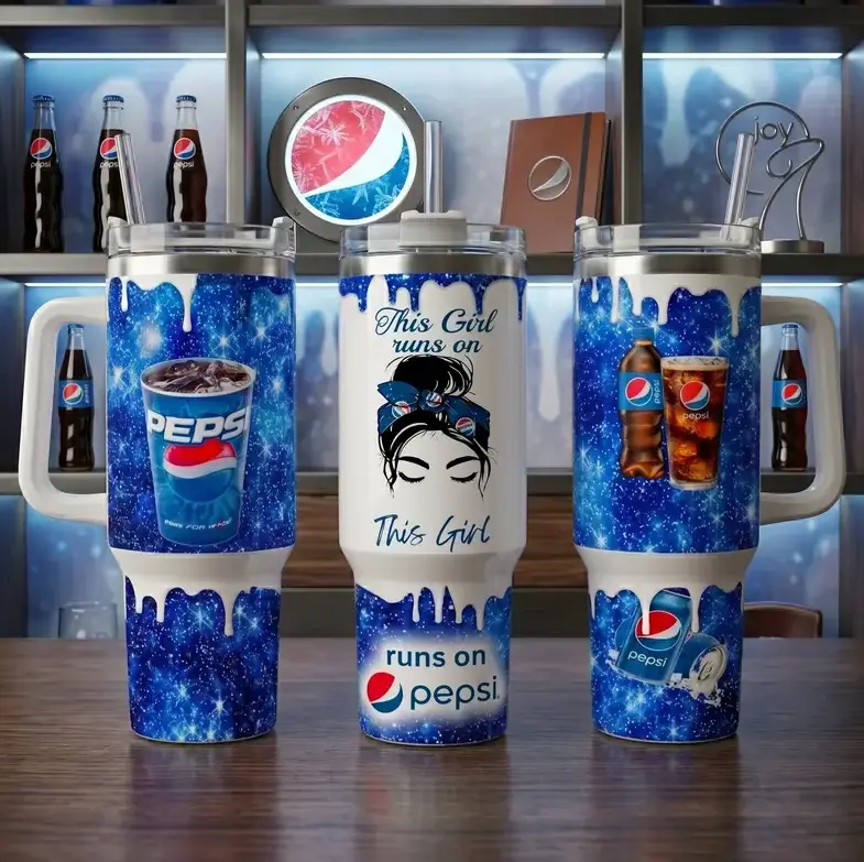 Peps1 40oz Stainless Steel Tumbler with Handle, This Girl Runs on Pepsi Glitter Double Wall Vacuum Insulated Travel Mug, Blue Galaxy Sparkle Cup, Fits Car Cup Holder, Soda Lover Gift for Women