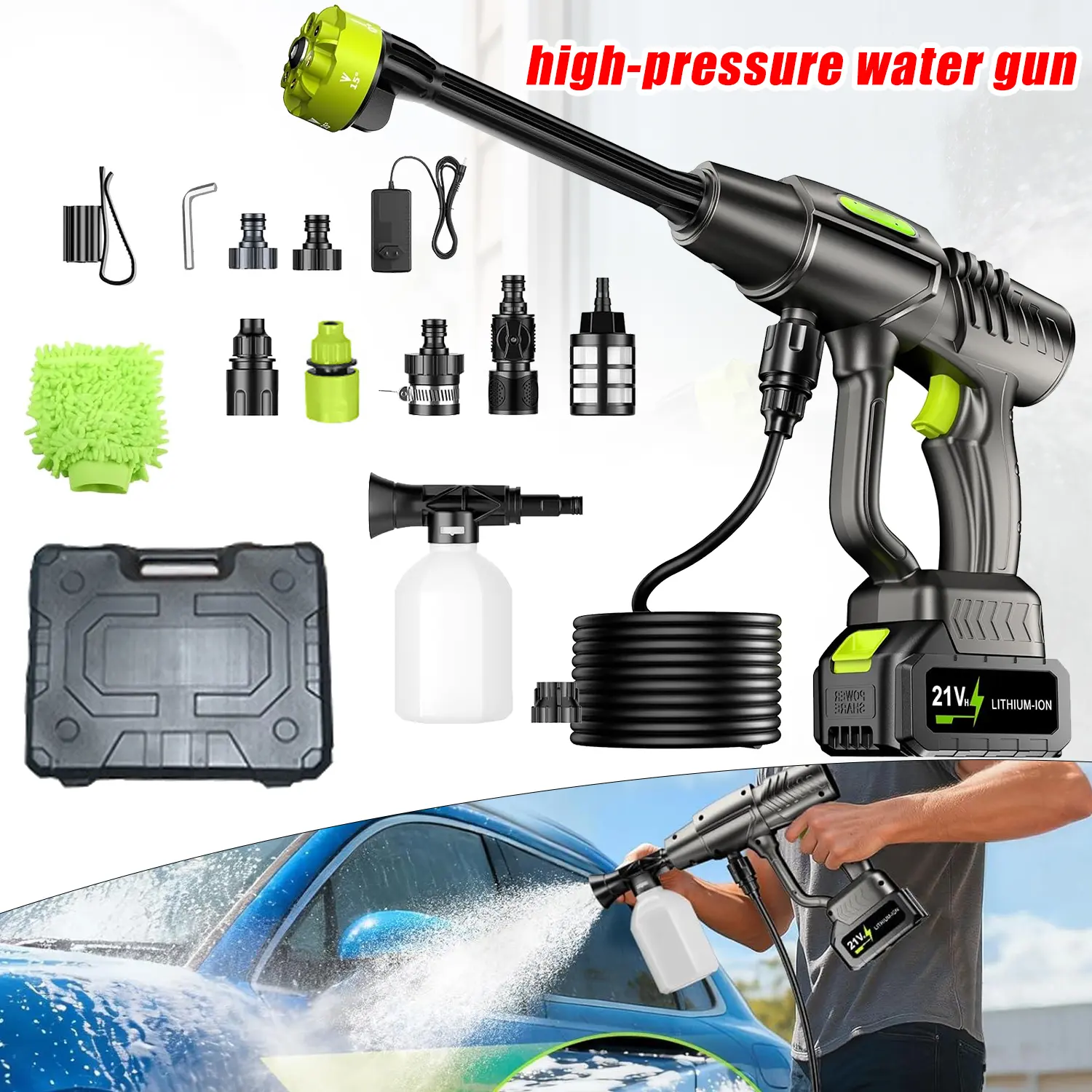 21V Cordless Pressure Washer (Power Washer), 200W High-Pressure Cleaner with 13000mAh Battery, 6-in-1 Spray Nozzle, Foam Bottle, 16.5ft Hose for Car, Home Cleaning