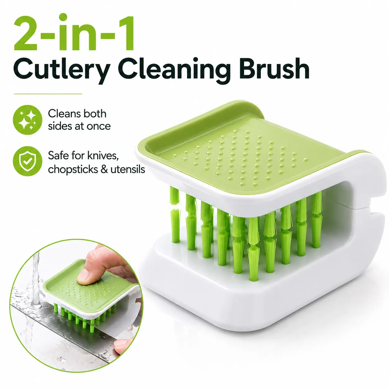 2-in-1 Kitchen Cutlery Cleaning Brush, Double-Sided Knife & Chopstick Scrubber with Wrap-Around Bristles (Home Care Sponges & Scouring Pads Supplies)