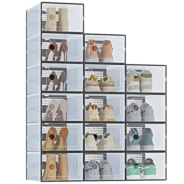 15P Stackable shoe storage box with lid, large shoe rack and storage shelf, shoe display and storage container