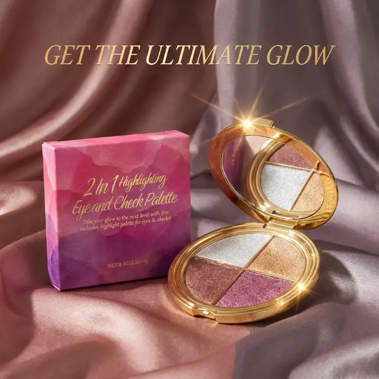 4-in-1 Radiant Face Palette - Smooth Blendable Powder Cosmetic, Beauty Products with Brush & Lid, for Highlighter, Blush, Eyeshadow, All Skin Types, Brightening, Smoothing, Soft Glow, Adult Makeup