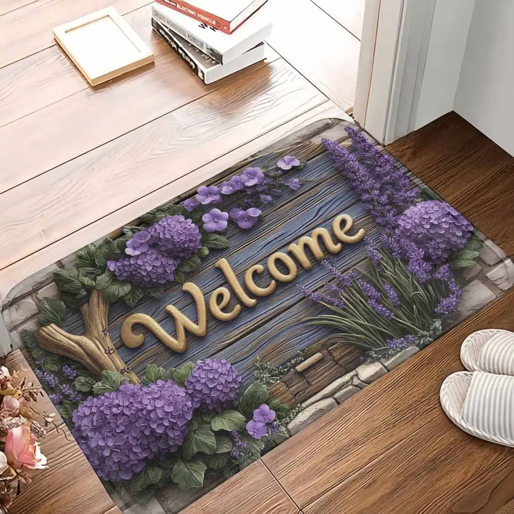 Purple Hydrangea & Lavender Print Non-Slip Doormat - High-Tech Polyester & Rubber Indoor-Outdoor Rug, High Absorbency, Durable Soft Washable, Ideal for Front Porch, Housewarming Gift, Indoor Outdoor Rugs