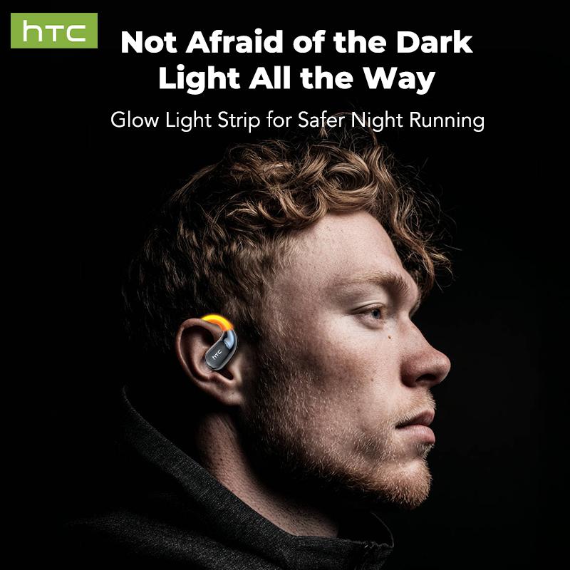 HTC Open-Ear True Wireless Bluetooth Headphones with Microphone LED Smart Controls Earbuds with Earhooks Sweat Resistant Wireless Earphones 48HRS Playtime Headsets Compatible with all Phone Glow Light Strip for Safer Night Running