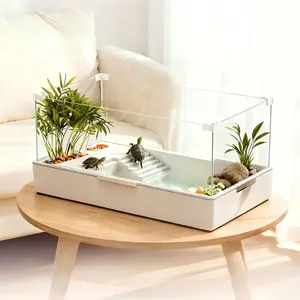 Large Turtle Tank Kit(Tank +Water Pump), Ultra-clear glass Turtle Tank Starter Kit with Upgrade Rain Shower Head, Adjustable 5W Water Pump, Higher Fences and Multi-Function Area