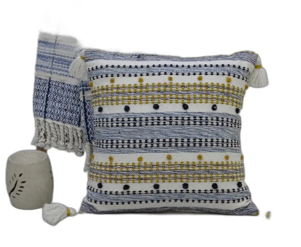 HomeRoots 482217 Casual Boho Handmade Blue & Gold Striped Cotton Blend Throw Pillow with Tassels, 10x20x20 in, Polyester-Polyfill Filling