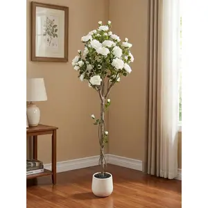 1.5-Meter Artificial Rose Tree, Realistic Silk Flower Plant with Plastic Trunk in Decorative Pot, for Indoor & Covered Outdoor Decor,White,White Pot