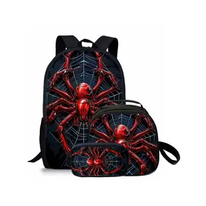 Red spider pattern printed 17-inch backpack for school three-piece set (single-layer backpack + shoulder strap round lunch bag + single-layer pencil bag)