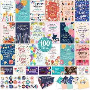 Decorably 100 Pack 4x6in Christian Birthday Cards Bulk with Envelopes and Stickers, 25 Folded Vibrant Designs for Friends, Family & Loved Ones, Printed Message - Events, Gifting, Mailing