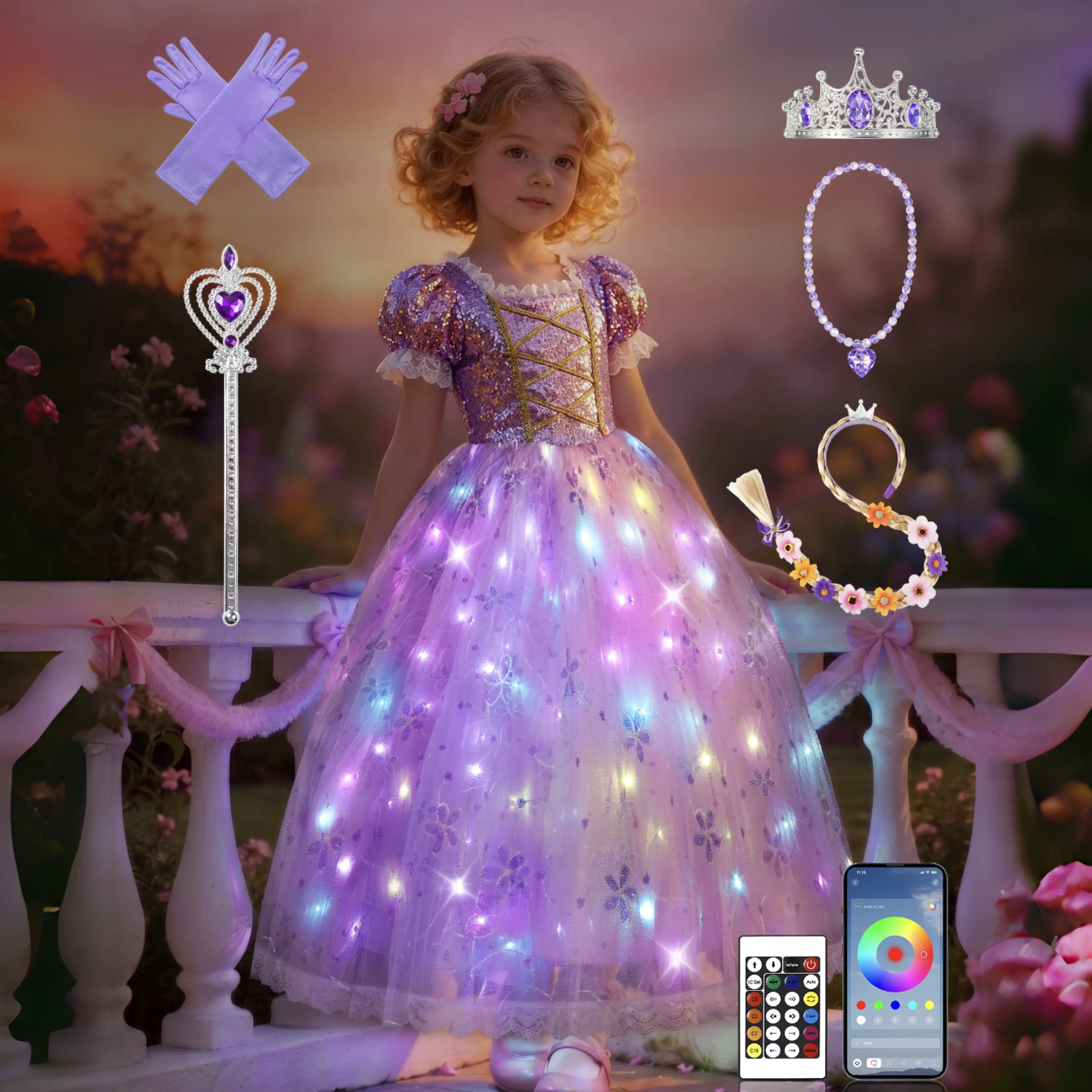 【Buy 1 Get 6】UPORPOR Girls' Light-Up Princess Dress, Blue Halloween Christmas Costume with 100+ LED Modes, Music Sync & Accessories, Ages 3-9, Dresses