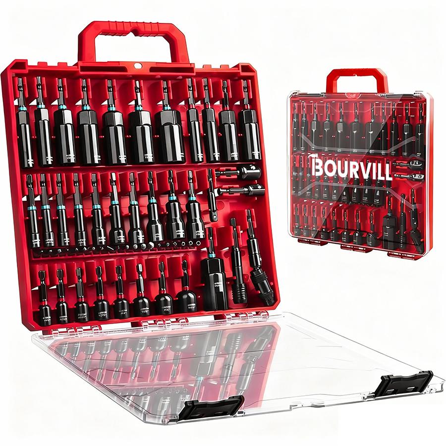 55Pcs Magnetic Impact Nut Driver Set,SAE & Metric Red Storage Case ,Socket Adapters & Quick Release Extension,MechanicEssentials