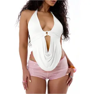 Women's  Going Out Clubwear Halter Top Tie Backless Draped Cowl Deep V Neck Ring Top Cut Out Party Halter Tops Womenswear Bridal
