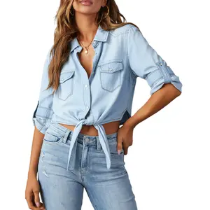 Buenoble Women’s Denim Button-Down Shirt 3/4 Sleeve Cropped Tie Waist Western Shirt Casual Trendy Fashion Top