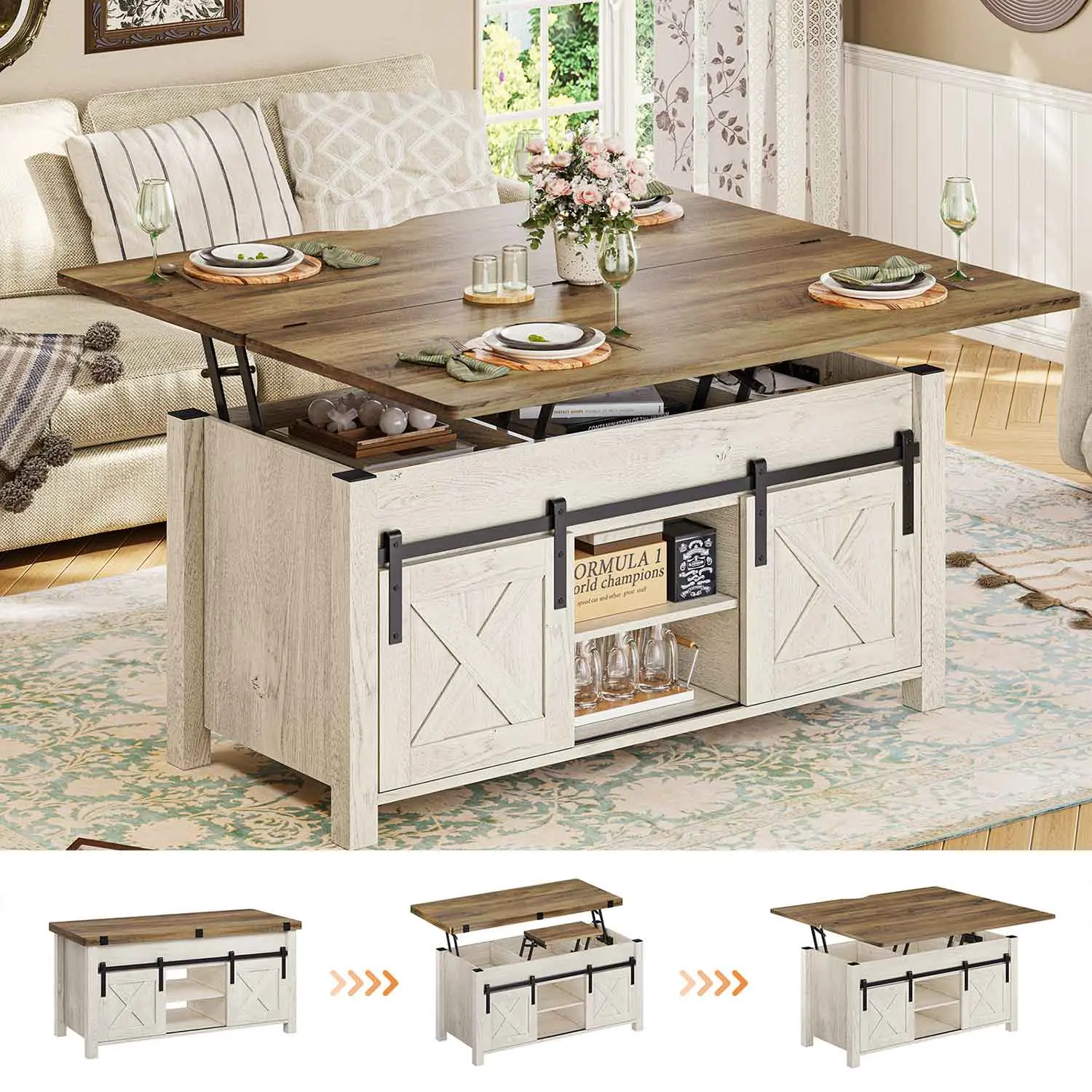 Sedeta 4-in-1 Country Rustic Distressed Oak Farmhouse Style Coffee Table - Lift-Top Convertible Living Room Furniture with Storage Spaces, Hidden Compartment, Sturdy Legs,dorm essentials,home decor