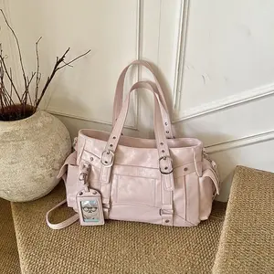 Women's Aesthetic Multi-Pocket Vegan Leather Shoulder Bag - Buckle Strap Detail, Large Capacity, Fashionable Patterned Tote for Work & School