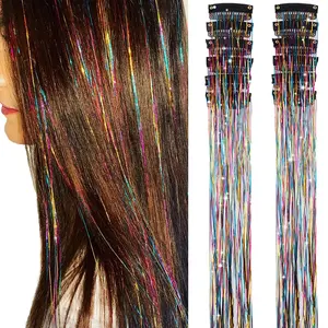 Rainbow Hair Tinsel Pack of 12 Pcs Clip in Hair Tinsel 20 Inch Glitter Tinsel Hair Extensions, Festival Tinsel Fairy Hair Extension Party Dazzle Hair Accessories Strands Kit (12Pcs,Rainbow#)