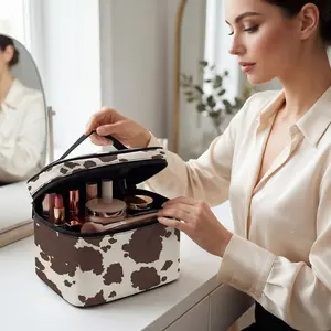 CLRUERSN Brown Cow Print Makeup Organizer Pouch, BOGO Free Portable Cosmetic Foldable Tote with Top Handle & Durable Zipper, Mother's Day Gift for Women,summervibes