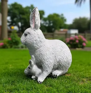 Concrete Rabbit Family Statue, Bunny stone statue Painted Weatherproof Garden Lawn Decor