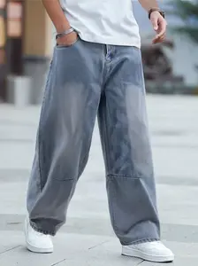 Men’s vintage washed loose straight leg jeans, casual four season street style, zip fly, solid color pattern, everyday denim pants.If you prefer a looser fit, order one size larger., Menswear, Streetwear