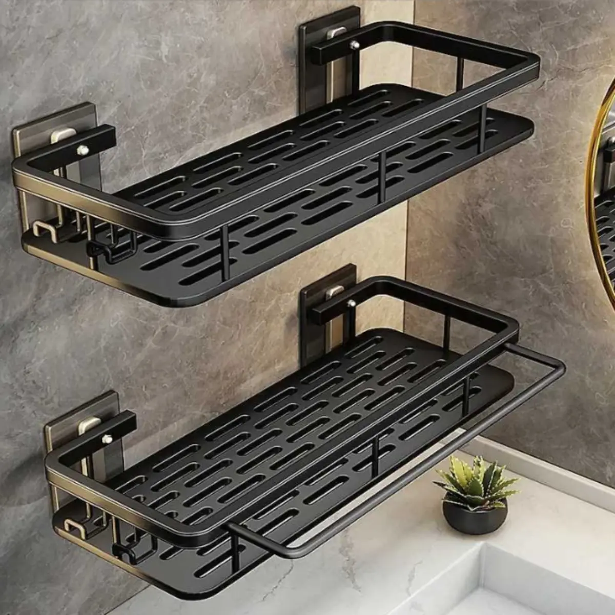 2pcs Shower Caddy Racks - Wall-Mounted Bathroom Organizer with 2-Tier Shelves, Space-Saving Corner Storage for Shower & Bathtub Accessories (Black), Shower Caddies