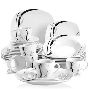 VEWEET Series Fiona, 18/24/30-Piece Classic Dinnerware Sets for 6, White Dishes Set with Black and Gray Stripes, Porcelain Dinner Set Including Dessert Plates, Soup Plates, Dinner Plates, Cups & Saucers