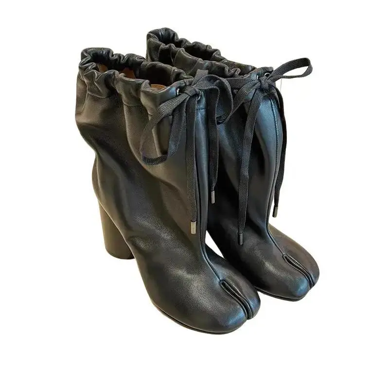 Women's Soft Leather Ankle Boots with Edgy Split-Toe Design, Casual Ruched Drawstring Shoe with Comfortable Block Heels, Comfortable Heels, Statement Shoes, Flexible, Thick Heel