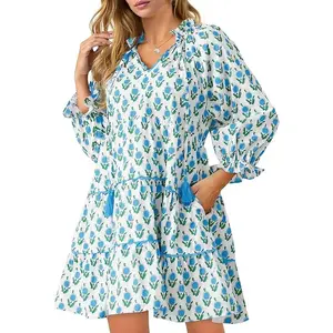 Wenrine Women’s Casual Mini Dress Long Sleeve Floral Ruffle V Neck Fall Loose Boho Babydoll Dresses with Pockets