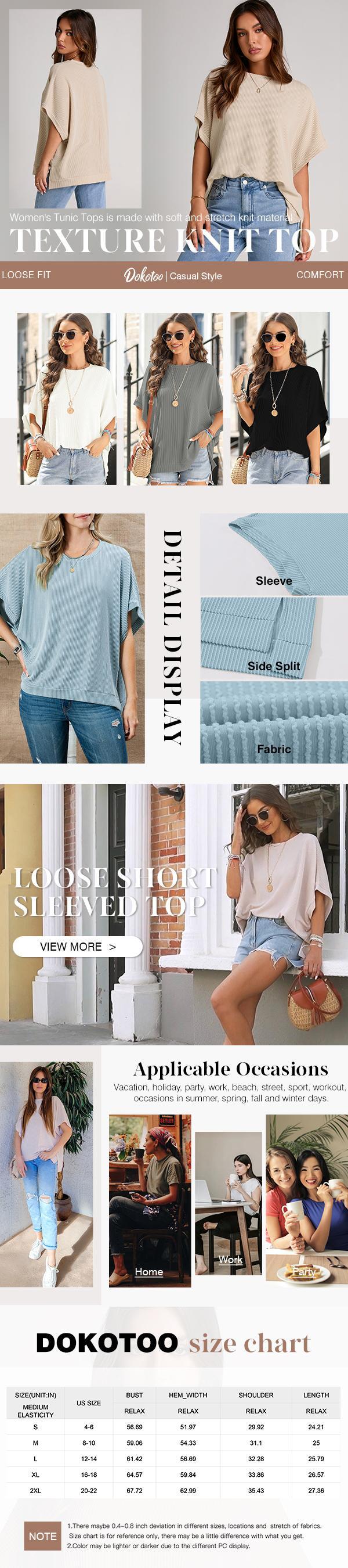 Dokotoo Women's Summer Casual Short Sleeve Solid Color Loose Texture Knit Tunic Tops Blouses with Crew Neck & Side Slits