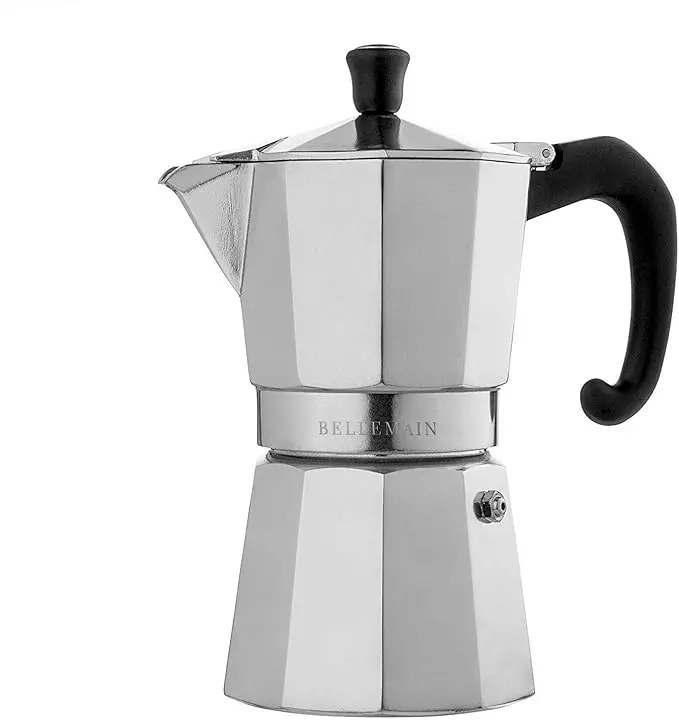 Bellemain Classic Stovetop Moka Pot - Italian Aluminium 6-Cup Silver Brewer with Cool Touch Handle, Lid, Even & Quick Heating, Stovetop Gas/Elect Equipment, Easy-to-Operate Parts for Home Espresso