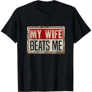 Cotton Short Sleeve T-Shirt Funny My Wife Beats Me Shirt, American Flag Husband and Wife Shirts, Husband Shirt for Men, Father's Day Gift, Menswear Classic Casual Fabric Alternative Collar Streetwear Knit