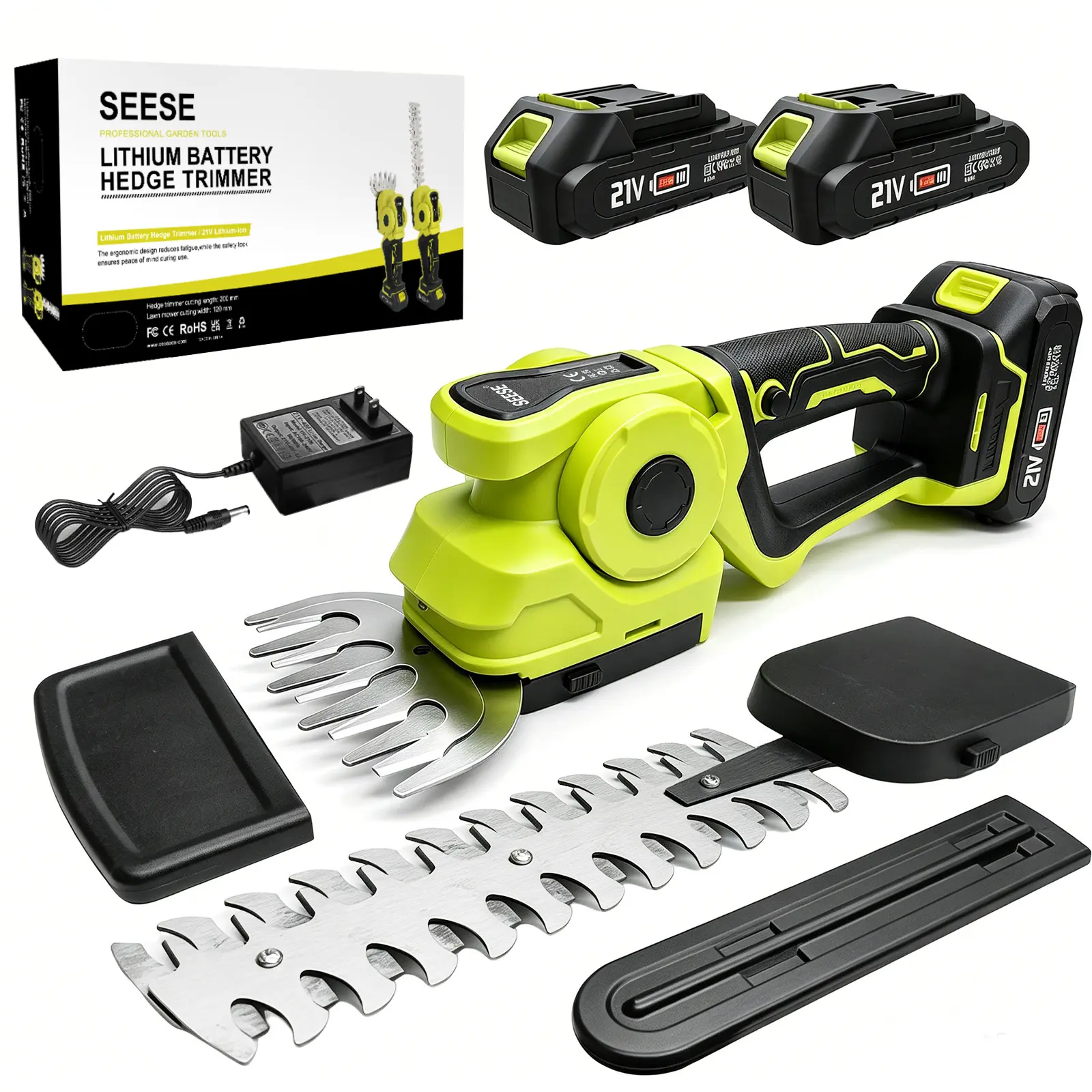 SEESE Cordless 2-in-1 Grass Shear & Shrub Trimmer, Handheld Electric Hedge Trimmer, 2*21V Batteries,Lightweight for Lawn Hedge Garden Yard Maintenance