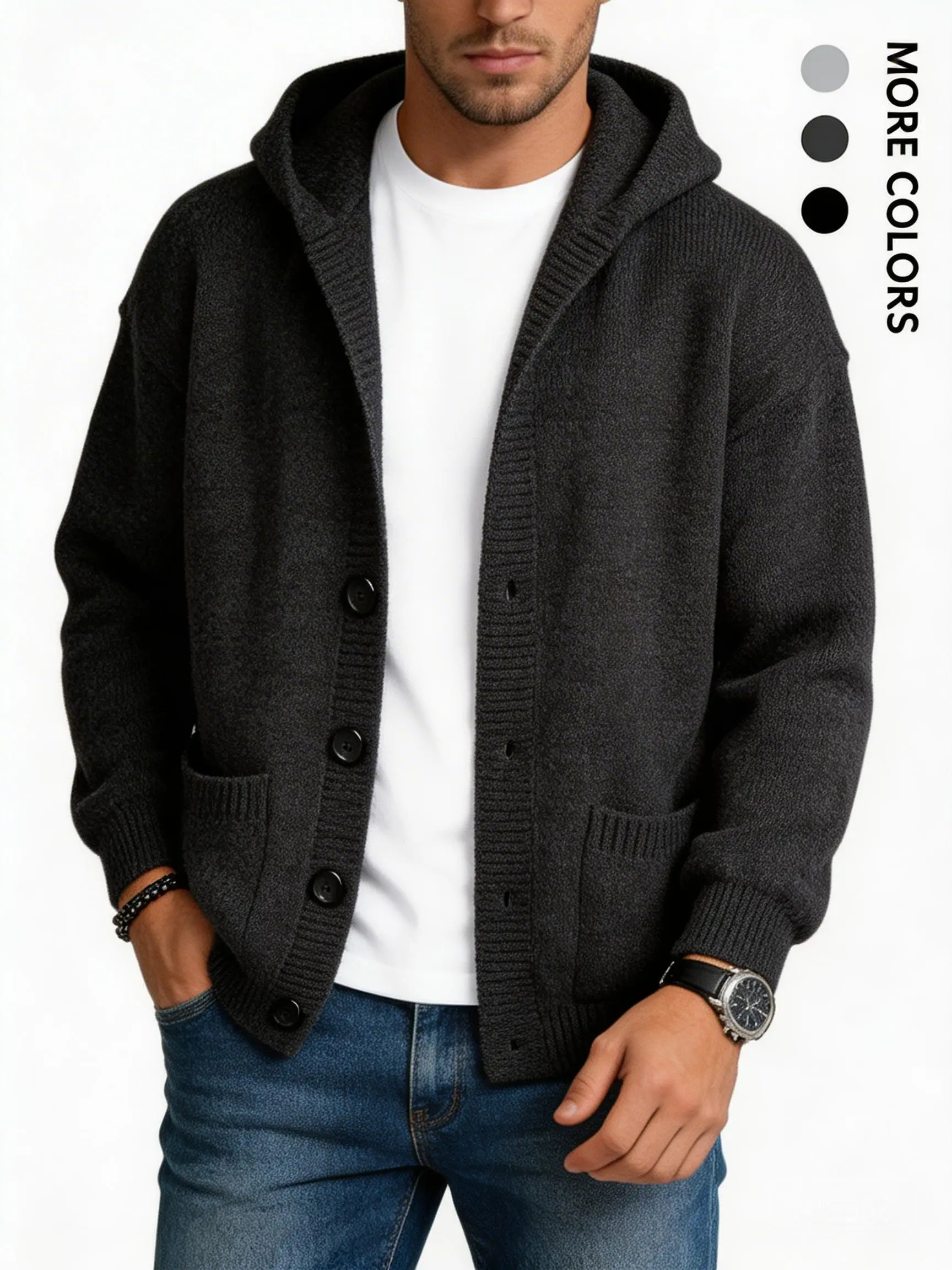 Men's Solid Heavyweight Long Sleeve Hooded Sweater, Casual Button-Up Polyester Pullover, Soft and Skin-Friendly for Street Wear