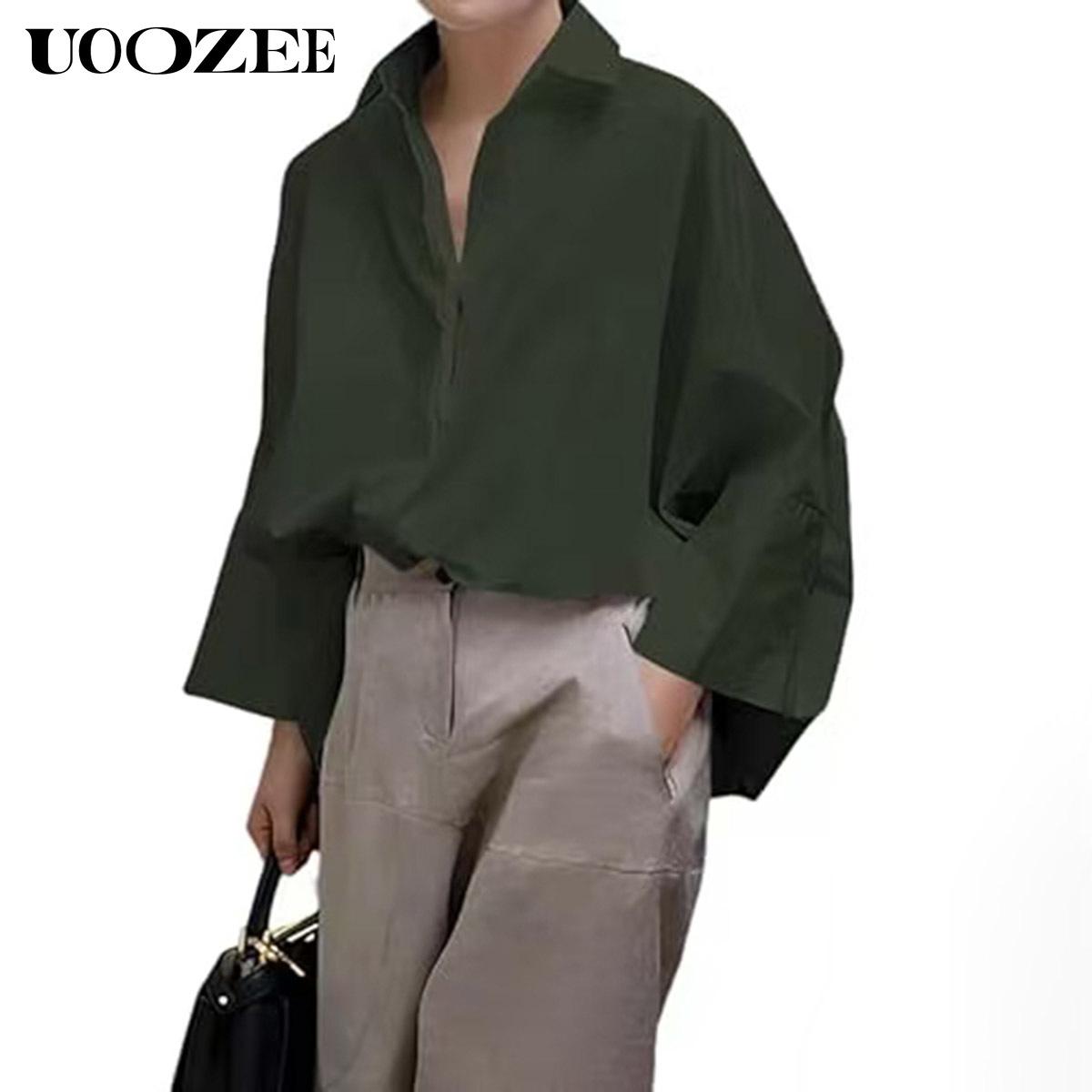 UOOZEE Women's Oversized Fit Multi-Colored Lapel Shirt Tops for All Seasons Loose Simple Polyester Versatile Commuting Suitable for Various Occasions Soft Cotton Blend Chic Blouse Casual