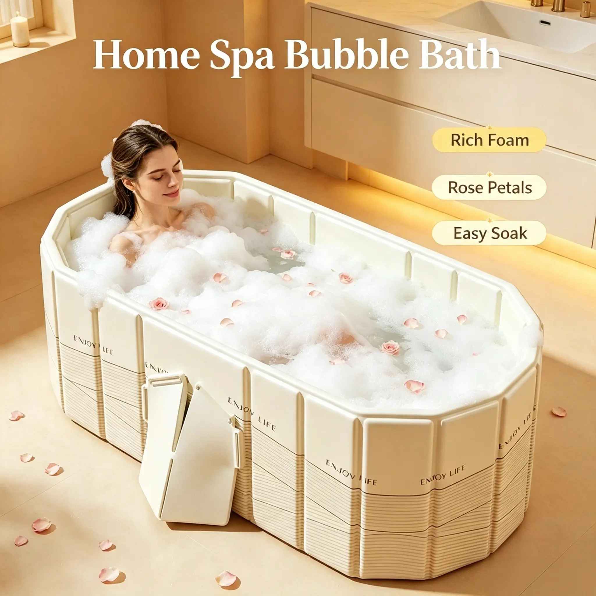 Extra Large Foldable Adult Soaking Tub, Tool-Free Quick Setup Collapsible Freestanding Bathtub, All Seasons Space-Saving Portable Bath Container for Indoor Home Spa & Apartment Use, Freestanding Tub, Home Spa Bath
