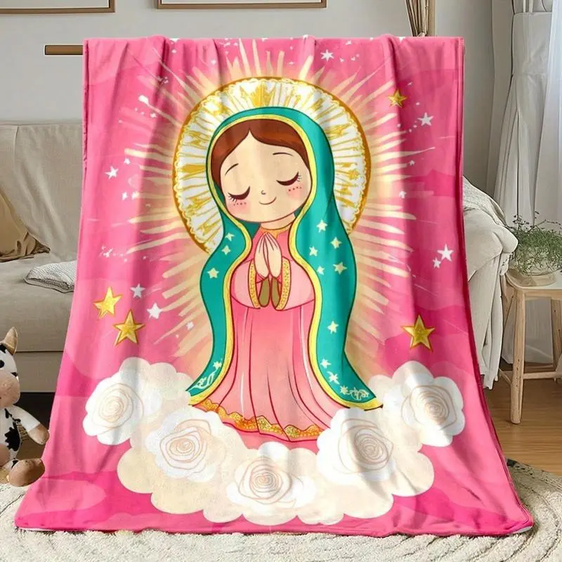 Our Lady of Guadalupe Flannel Fabric Throw Blanket - Soft Texture, Cozy Chic Blanket, Multi-Size, Pink Catholic Design, Ideal Religious Gift for Spiritual Loved Ones, Bedroom Use, Throw Blankets