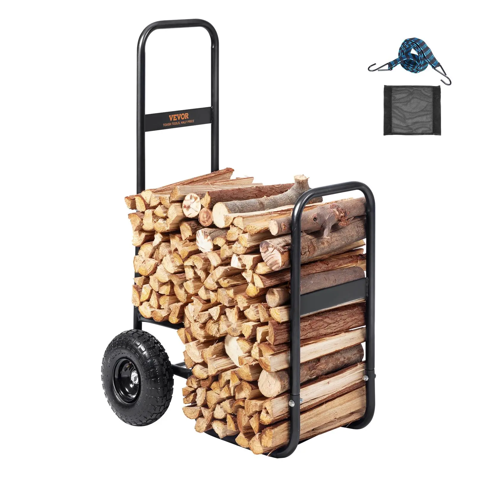 【SummerFinds】VEVOR Firewood Log Cart,  , 250 lbs Load Capacity, Outdoor and Indoor Wood Rack Storage Mover with Pneumatic Rubber Wheels, Heavy Duty Steel Dolly Hauler, Firewood Carrier for Fireplace, Fire Pit, Black
