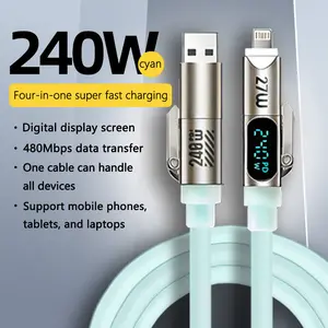 4-in-1 240W Digital Display Charging Cable, Silicone Braided LED Light Up Fast Charger Cord, USB Fast Charging Cable Compatible with Phones & Tablets