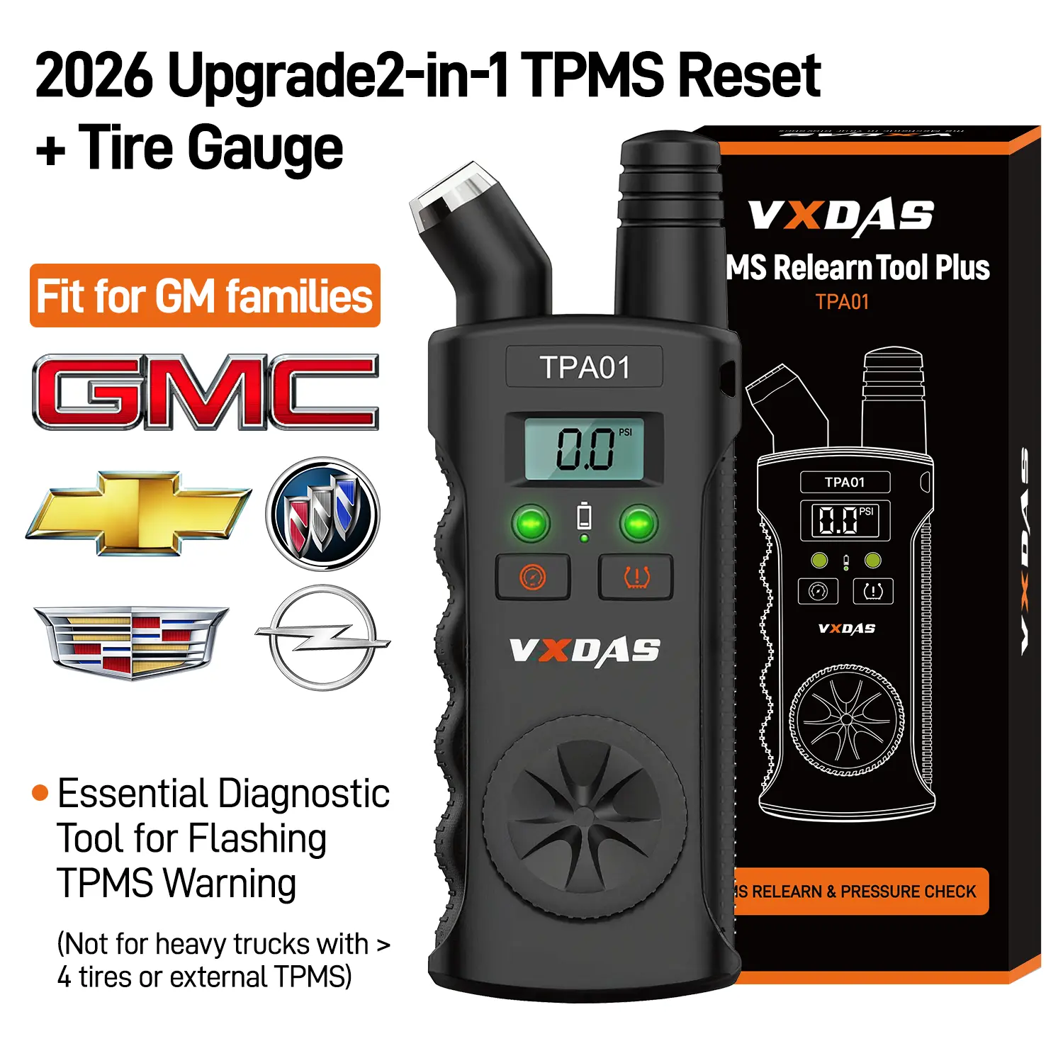 [For GM]VXDAS TPA01 2-in-1: GM TPMS Relearn Tool + 150 PSI Digital Tire Pressure Gauge | Professional Tire Sensor Reset for Chevy, Buick, GMC & Cadillac