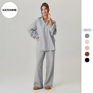 KatchMe Women's Versatile Solid Color V-Neck Loose Textured Pullover & Drawstring Waist Trousers Co-ord Set & Separates, Minimalist Soft Outfits, Simple Style Womenswear