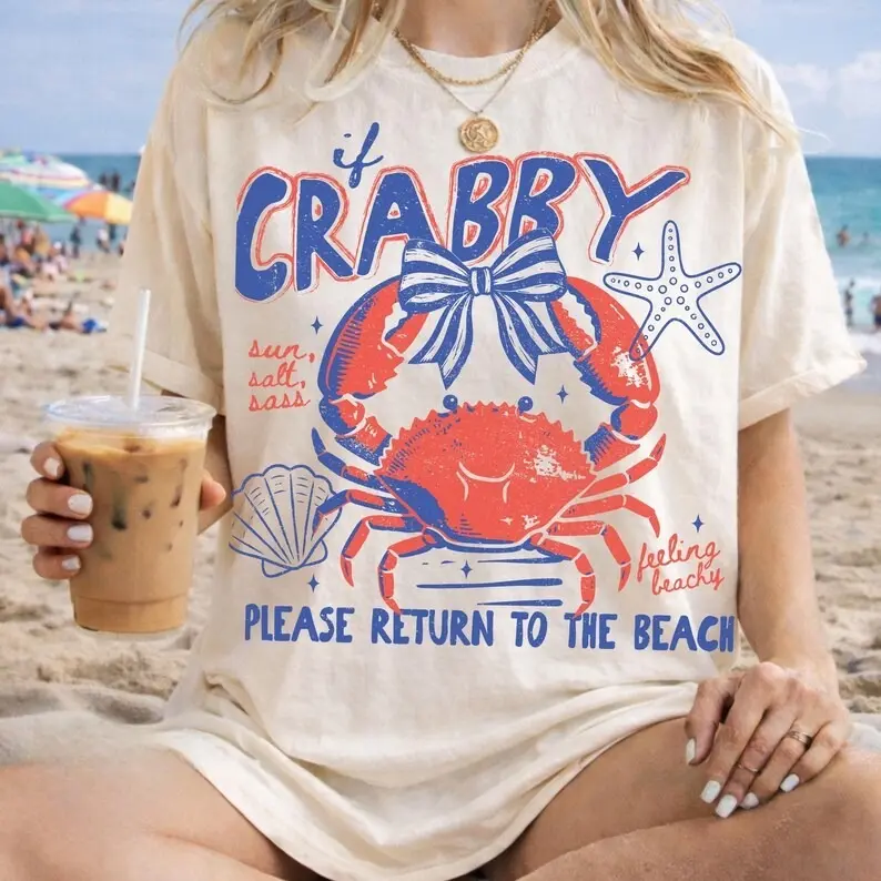 white color If Crabby Please Return To The Beach Vintage T-shirt Trendy Spring Break Summer Coastal Nautical Vacation Funny Tshirt