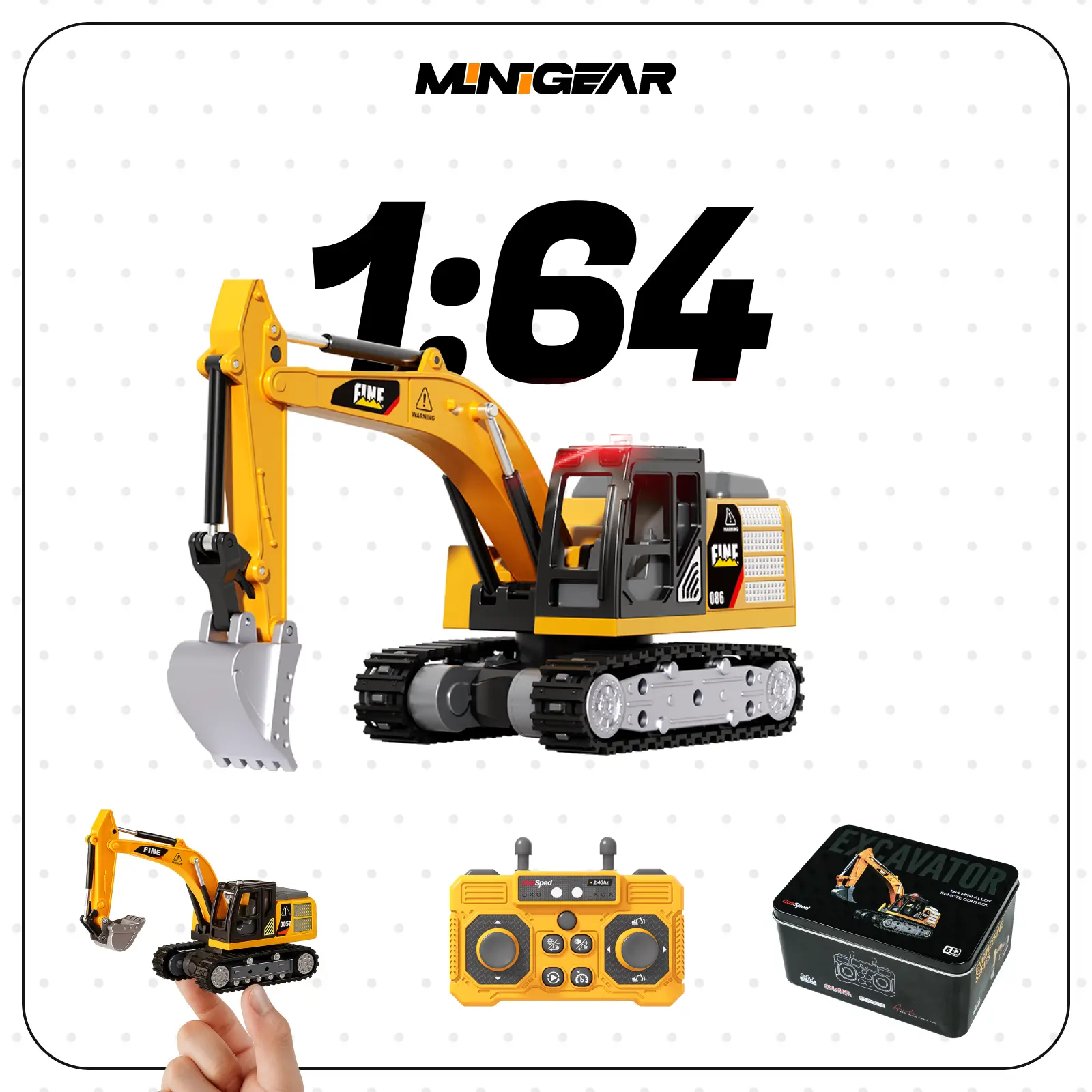 MiniGear 1/64 Mini Alloy RC Excavator - Upgrade Toy, Construction Vehicle with Lights & Sounds, USB-C Rechargeable, Multi-Control (Handle Remote & App), Loader Feature, Perfect Travel Toy, Premium Metal Gift Box, Kids' Holiday Gift Ride On Excavator