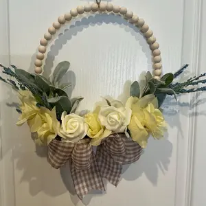 Wooden Bead Wreath with Yellow Roses and Lambs Ear â€“ Cottage Garden Spring Door Decor