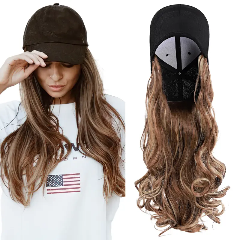 SEGOHAIR Baseball Cap with Hair Extensions Heat Resistant Synthetic Adjustable Long Wavy Hairstyle 16 Inch