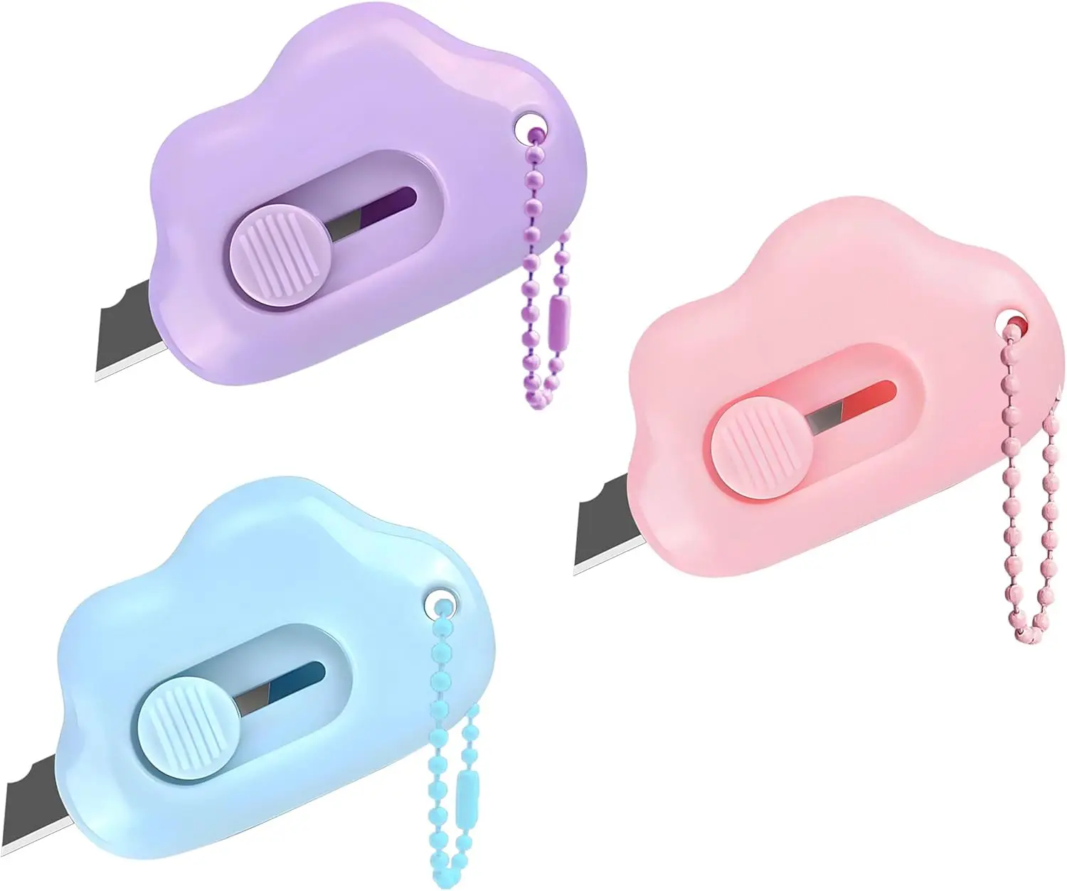 Colorful Cloud-Shaped Retractable Box Cutter Set - 3-Pack with Keyrings, Stainless Steel Blade, Compact Tool for Adults' DIY Tasks, Mail Handling, Cardboard Cutting, Safe Portable Office Stationery