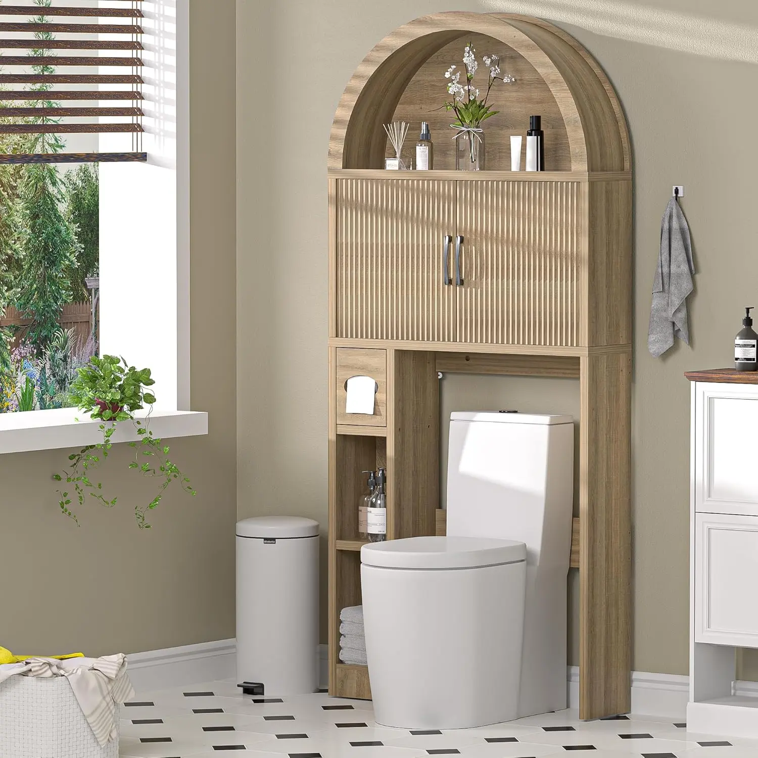 AHB Arched Over-The-Toilet Storage Cabinet - Freestanding Bathroom Room Storage Furniture-Style Non-Locking Multifunction Wall Cabinet with Doors, Adjustable Shelf, Anti-Tip Kit, Multifunction Wall Cabinets,dorm essentials,home decor homeessentials