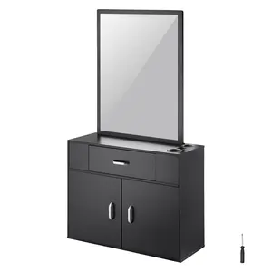 VEVOR Salon Organizer,  , Wall-Hanging Unit for Hairdressers, Complete with 3 Holders, Mirror, Dual-Door Storage, and Single Drawer, Black