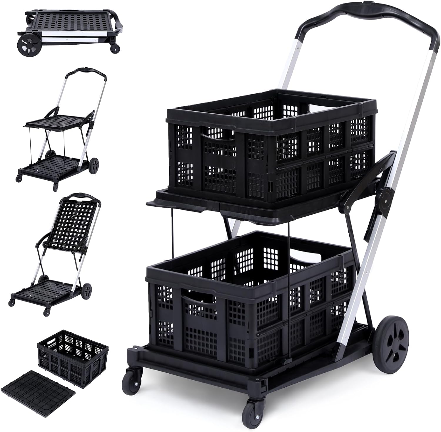 Folding Office Utility Cart with Wheels – 2-Tier Heavy Duty Hotel Rolling Organizer – Collapsible Multipurpose Trolley – Black, 2 Cargo Boxes Folding Office Utility Cart with Wheels – 2-Tier Heavy Duty Hotel Rolling Organizer – Collapsible Multipurpose Trolley – Black, 2 Cargo Boxes