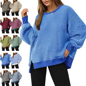 LAICIGO Women's Fall Fashion Oversized Sweatshirt Casual Cozy Waffle Knit Long Sleeve Crewneck Split Pullover Tops
