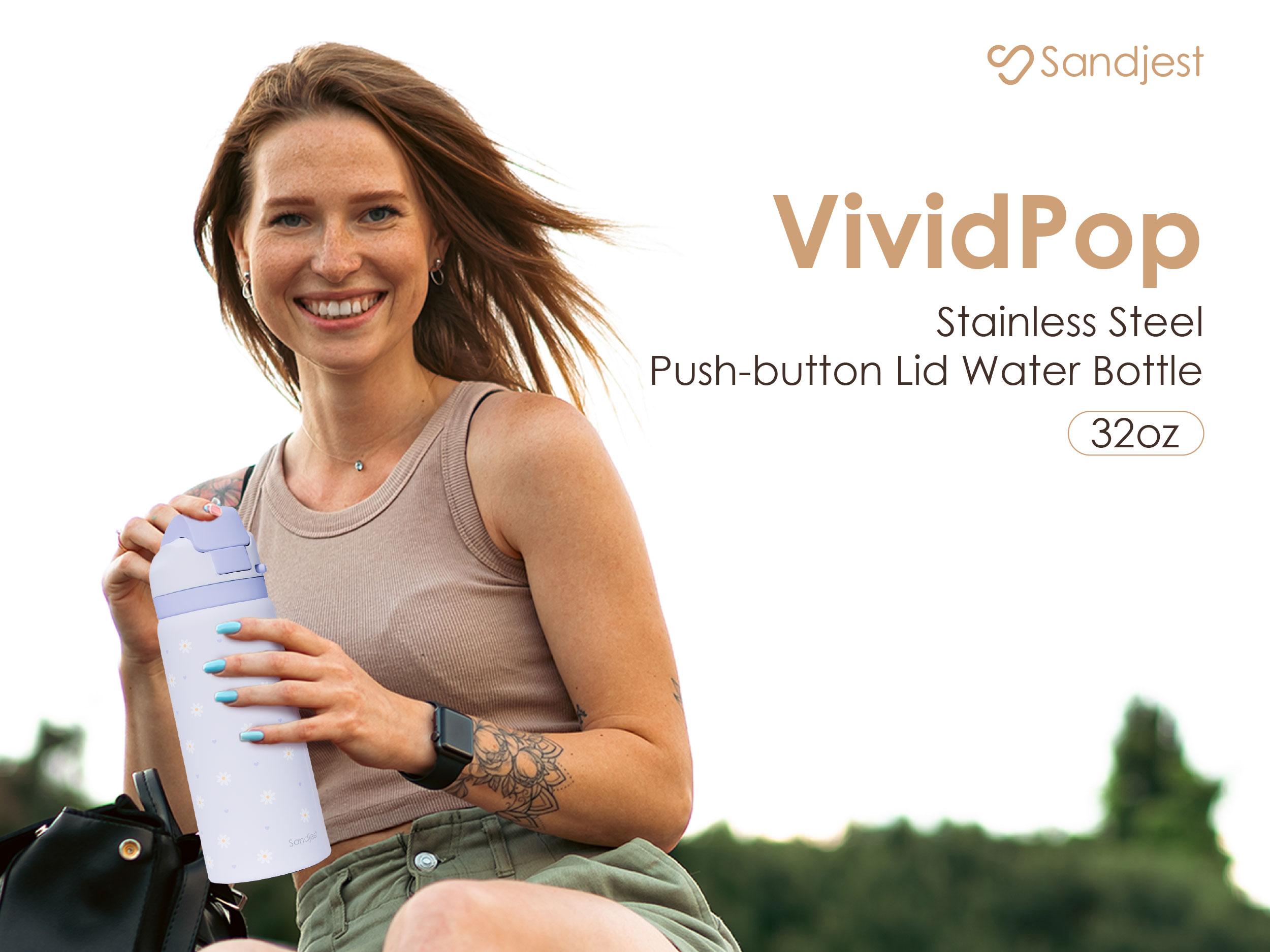 SANDJEST 32oz Water Bottle with Straw Push Button Lid, Stainless Steel Portable LeakProof Drinkware Flask, Spring Gift for Travel Outdoor Mother's Day