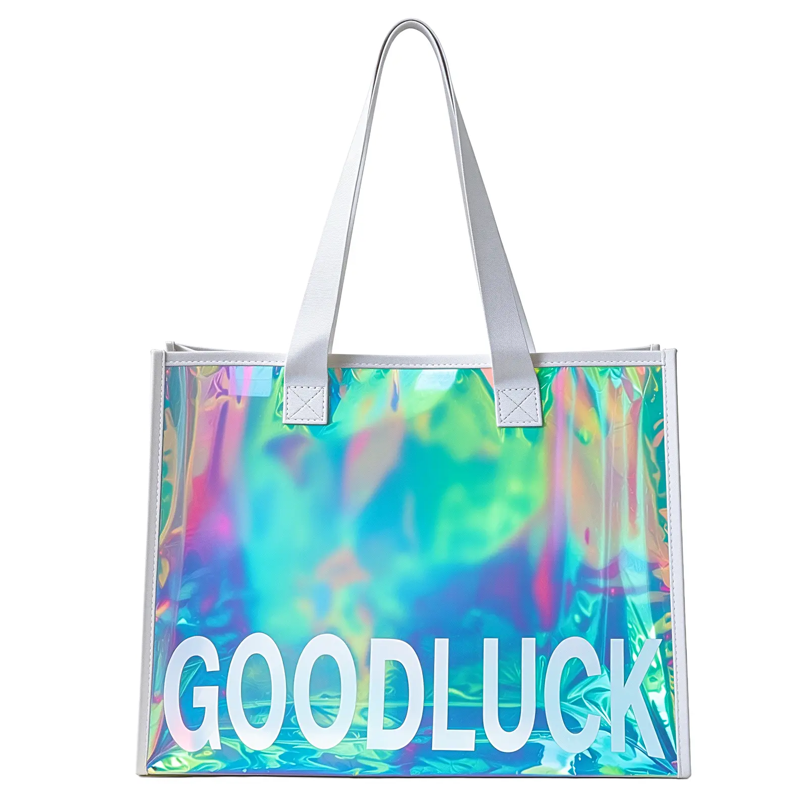 B2LOVER Holographic Iridescent Tote Bags Large Capacity Waterproof Beach Bag Transparent PVC Handbag for Work Travel Shopping Outdoorfun Rainbow Bag Trendy Commuter Bag Summerwins